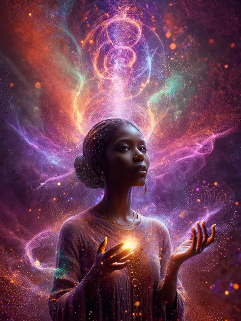 a dark-skinned woman, mystic casting a spell, with glowing hands and ai particles emanating in a dazzling array of colors, invol...