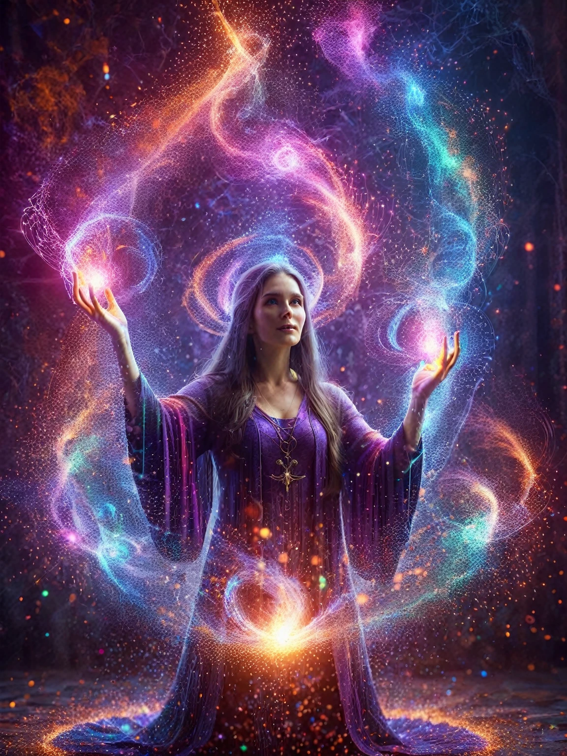 A female wizard , mystic casting a spell, with glowing hands and AI particles emanating in a dazzling array of colors, involving the whole scene.