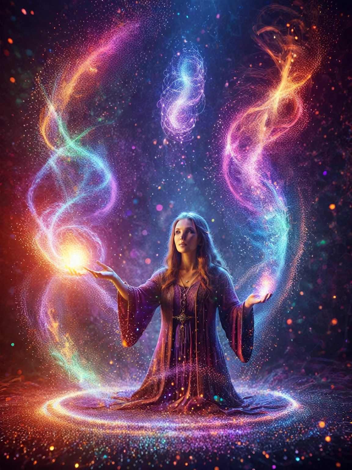 A female wizard , mystic casting a spell, with glowing hands and AI particles emanating in a dazzling array of colors, involving the whole scene.