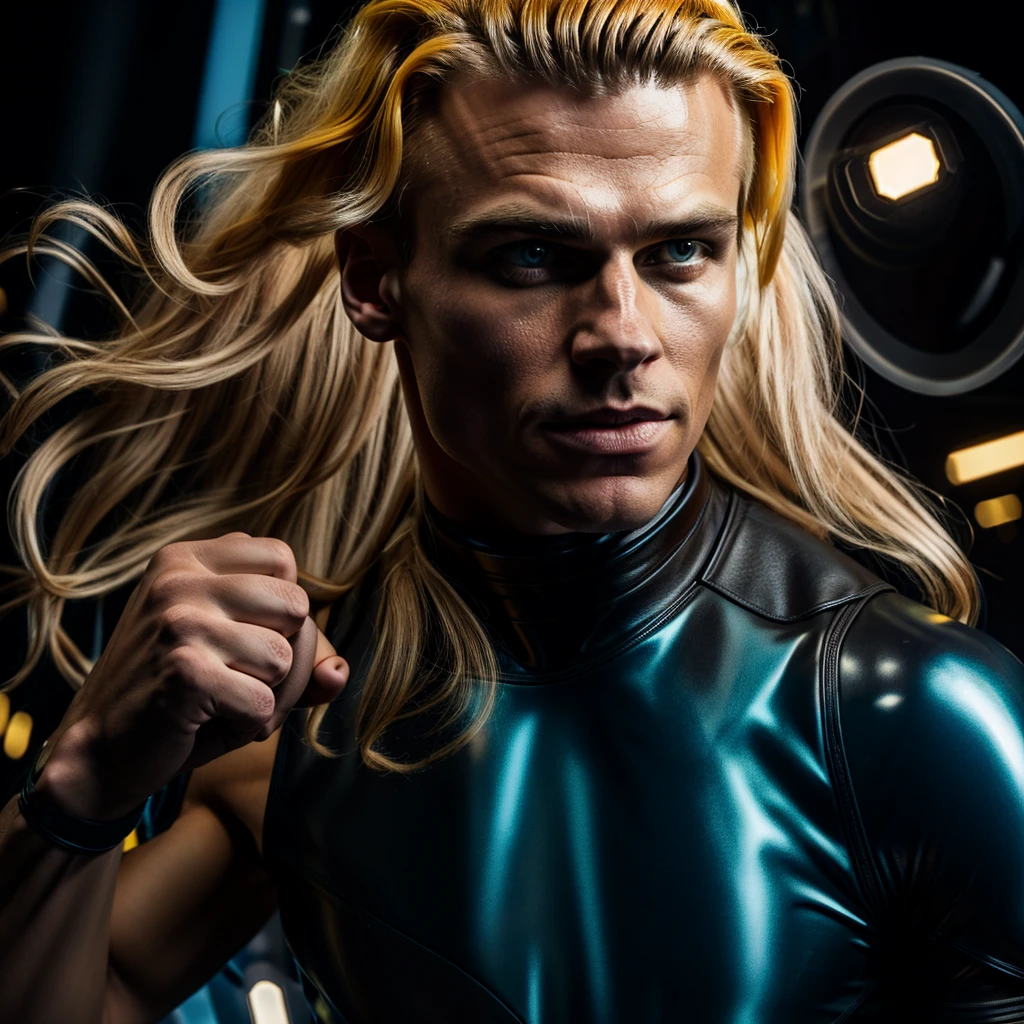 A muscled young beauty man wearing dark gray latex with brilliant yellow hologram ancient unknown characters projected by the suit on the air around him. He has a very long blonde and golden hair. Ultrarealistic Art in 4k. He IS running on a speed light and left behind him E=MC2 and 299 792 458 floating on the air.