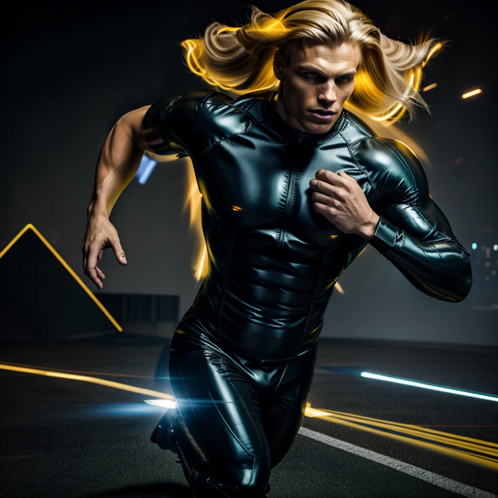 A muscled young beauty man wearing dark gray latex with brilliant yellow hologram ancient unknown characters projected by the suit on the air around him. He has a very long blonde and golden hair. Ultrarealistic Art in 4k. He IS running on a speed light and left behind him E=MC2 and 299 792 458 floating on the air.