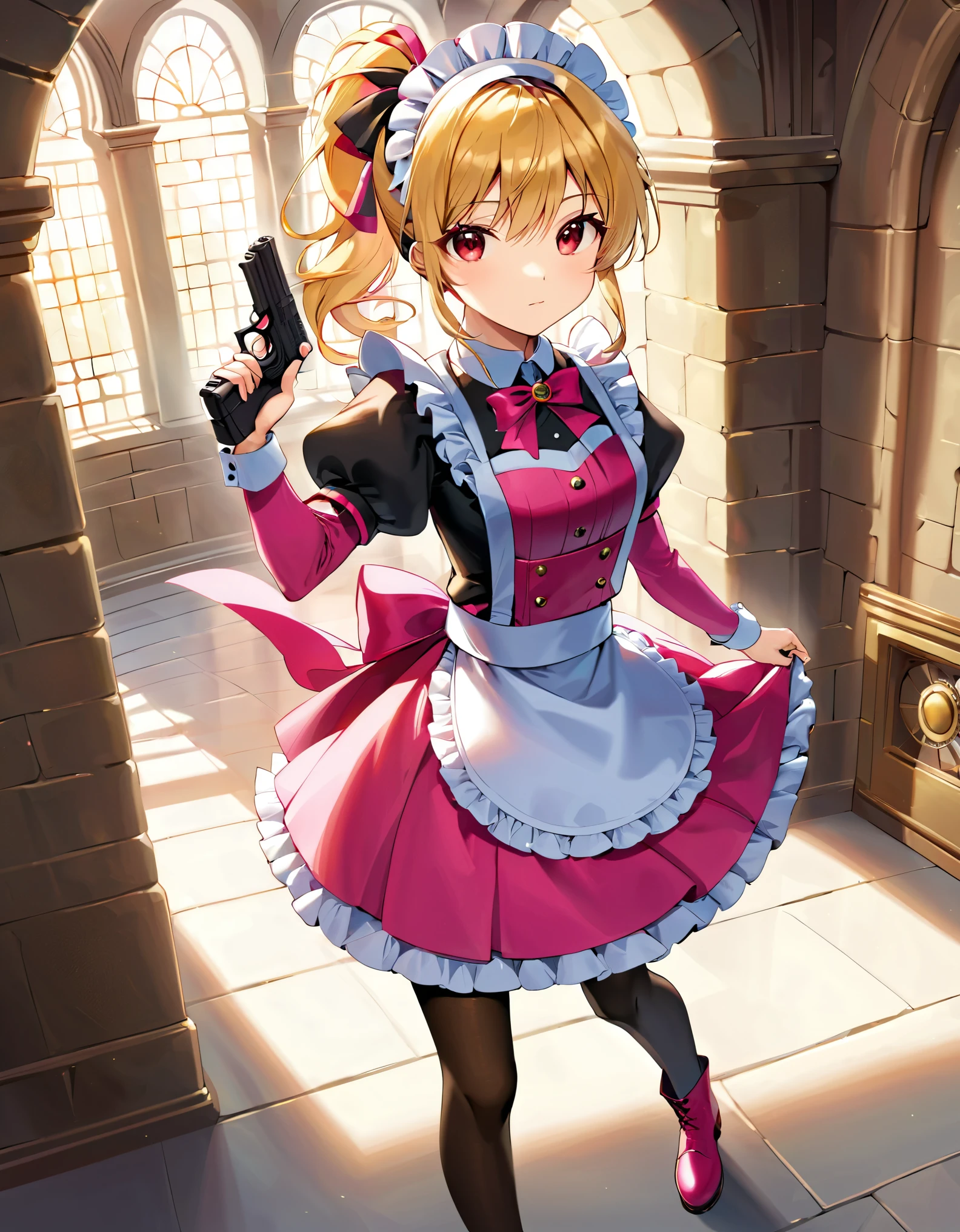 (best quality,4k,8k,highres,masterpiece:1.2),ultra-detailed, (1girl) A cute teenage gunslinger maid with red eyes, drawn in anime style, spiky light blonde hair in a long ponytail, victorian fashion, wearing a cute white maid dress with puffy sleeves, corset, tactical gear, light armour, petticoat, bloomers, black pantyhose, black tights, a frilly headband, a frilly pink apron, high-heel boots, ribbons, wielding a gun with one hand, Beretta 92FS, steampunk style, guarding a castle hallway, extremely detailed eyes and face,longeyelashes,volumetric lighting,cinematic lighting,protective posture,dramatic close up,highly detailed texture,intricate details.