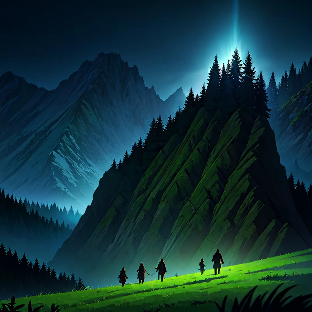 (masterpiece, best quality:1.4), cinematic light, colorful, high contrast, mountain, grass, tree, night, (horror (theme):1.2), (monster:1.2), dark