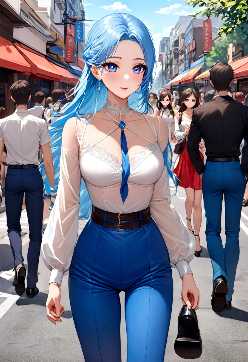 Create an image from a prompt "a thai handsome male student wearing a white long- sleeved shirt, a blue tie, a belt, blue pants, and leather shoes walking behind a thai beautiful female student wearing a white blouse, a blue skirt, and black shoes with a distant background of people walking on a street"