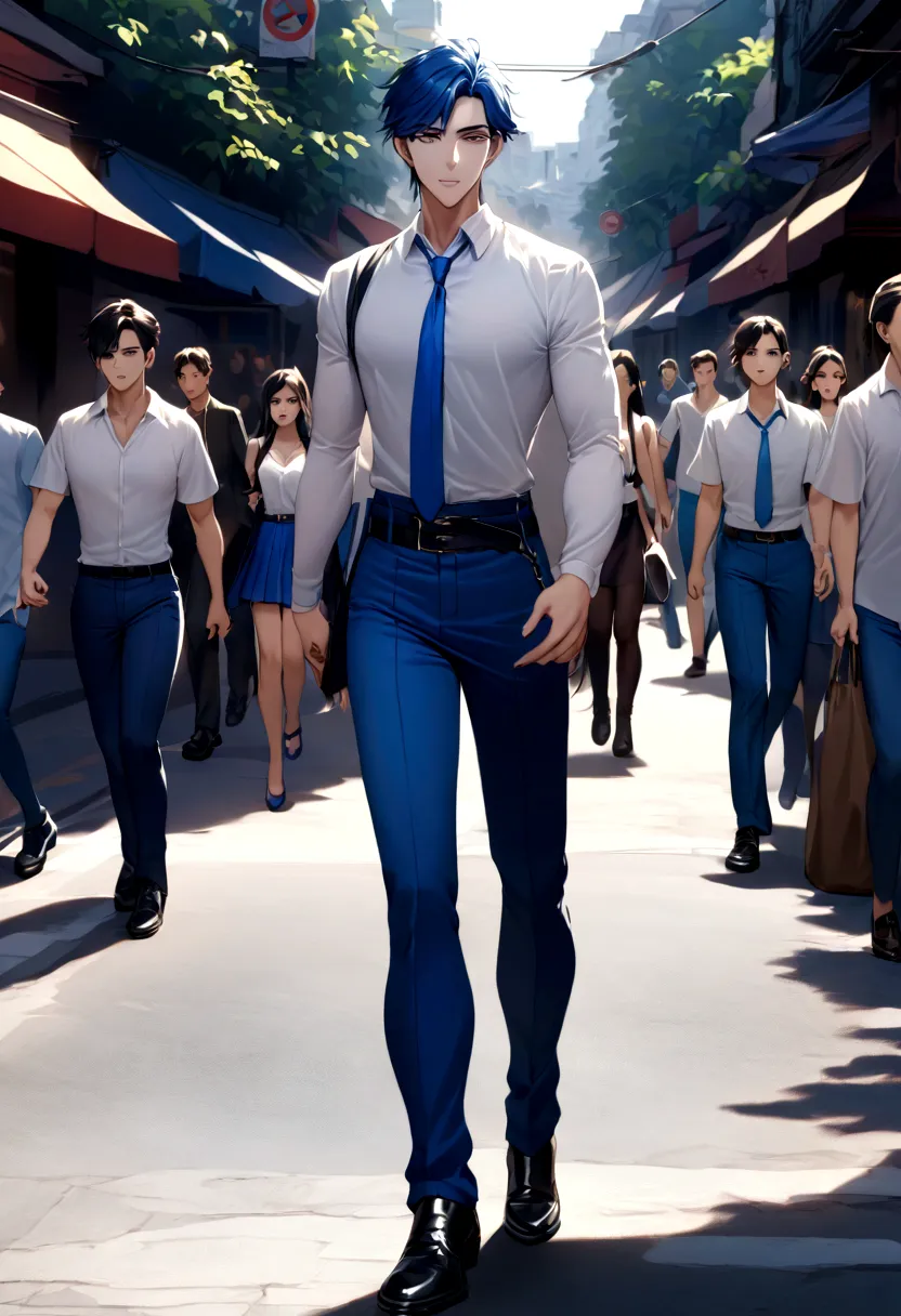 create an image from a prompt "a thai handsome male student wearing a white long- sleeved shirt, a blue tie, a belt, blue pants,...