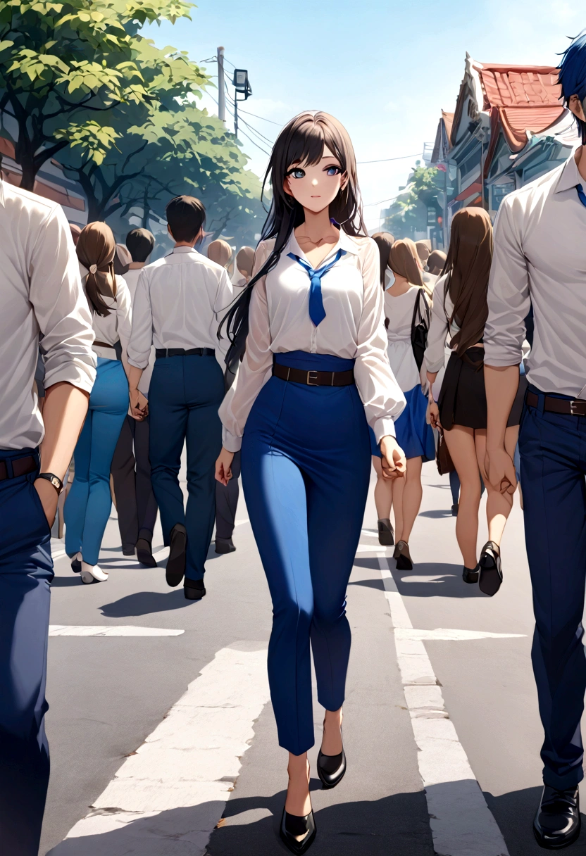 Create an image from a prompt "a thai handsome male student wearing a white long- sleeved shirt, a blue tie, a belt, blue pants, and leather shoes walking behind a thai beautiful female student wearing a white blouse, a blue skirt, and black shoes with a distant background of people walking on a street"