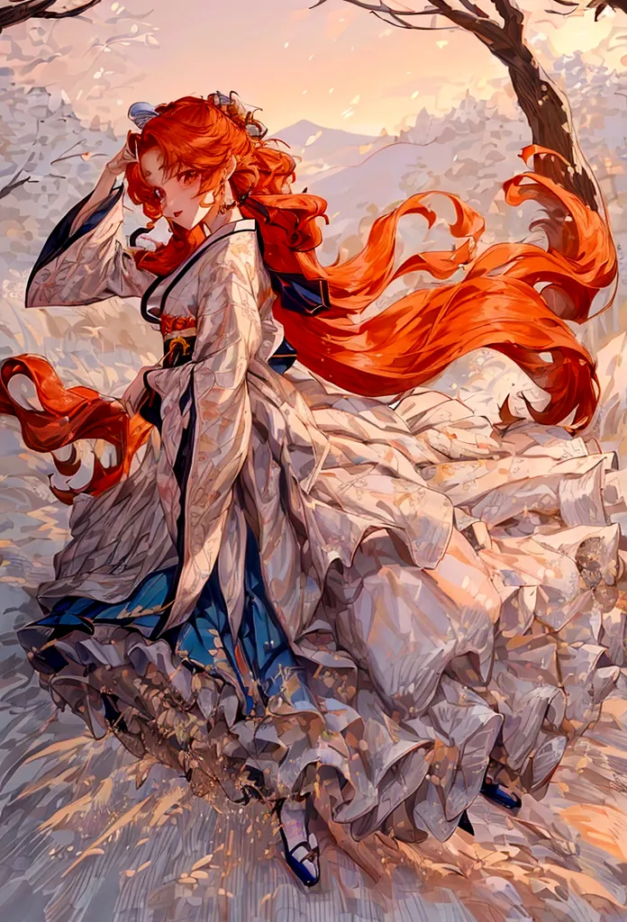 ((최고의 품질)), ((걸작)), (상세한), 여자 1명, orange hair , long and wavy flowing freely hair ,tiger ears on top of the head , red eyes , ca...