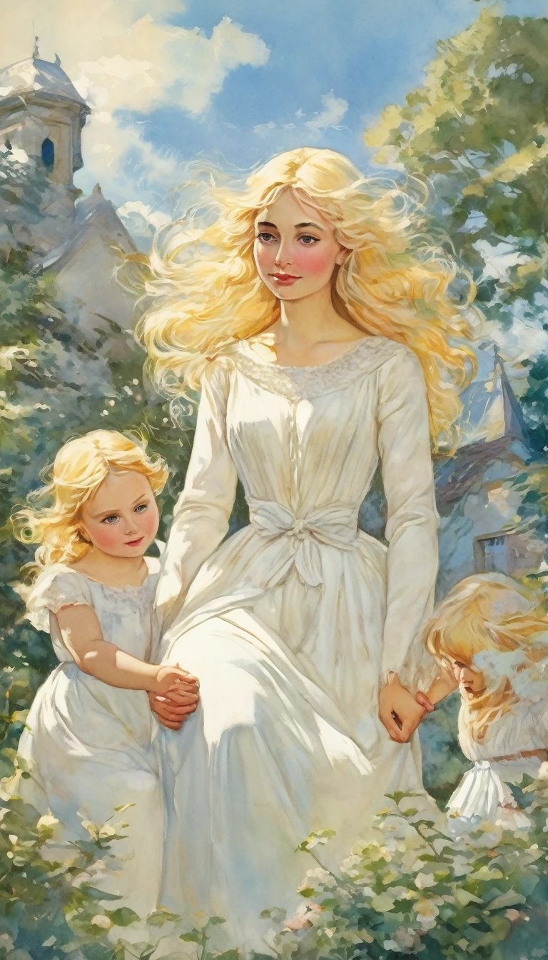 Une illustration d'Eléonore, vêtue d'une robe blanche, heureuse avec son mari et ses deux enfants, ses cheveux blonds flottant au vent, captivant les regards admiratifs des villageois.