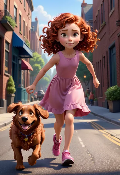 Layla Troft,  9 years old, curly red hair, simple pink dress, running with your dog on the street, scene comes to life with the ...