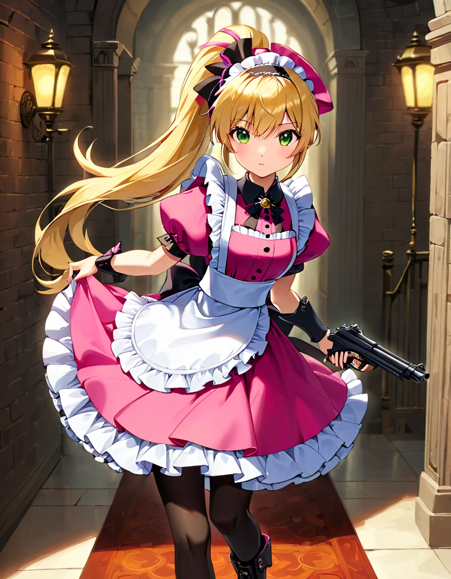 (best quality,4k,8k,highres,masterpiece:1.2),ultra-detailed, (1girl) A cute teenage gunslinger maid with green eyes, drawn in anime style, spiky light blonde hair in a long ponytail, victorian fashion, wearing a cute white maid dress with puffy sleeves, corset, tactical gear, light armour, petticoat, bloomers, black pantyhose, black tights, a frilly headband, a frilly pink apron, high-heel boots, ribbons, wielding a gun with one hand, Beretta 92FS, steampunk style, guarding a castle hallway, extremely detailed eyes and face,longeyelashes,volumetric lighting,cinematic lighting,protective posture,dramatic close up,highly detailed texture,intricate details.