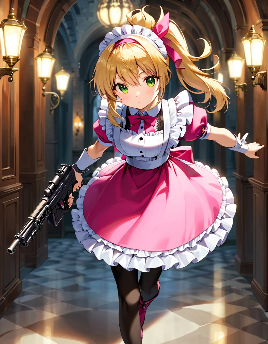(best quality,4k,8k,highres,masterpiece:1.2),ultra-detailed, (1girl) A cute teenage gunslinger maid with green eyes, drawn in anime style, spiky light blonde hair in a long ponytail, victorian fashion, wearing a cute white maid dress with puffy sleeves, corset, tactical gear, light armour, petticoat, bloomers, black pantyhose, black tights, a frilly headband, a frilly pink apron, high-heel boots, ribbons, wielding a gun with one hand, Beretta 92FS, steampunk style, guarding a castle hallway, extremely detailed eyes and face,longeyelashes,volumetric lighting,cinematic lighting,protective posture,dramatic close up,highly detailed texture,intricate details.