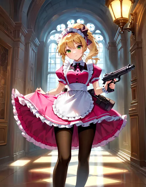 (best quality,4k,8k,highres,masterpiece:1.2),ultra-detailed, (1girl) A cute teenage gunslinger maid with green eyes, drawn in an...