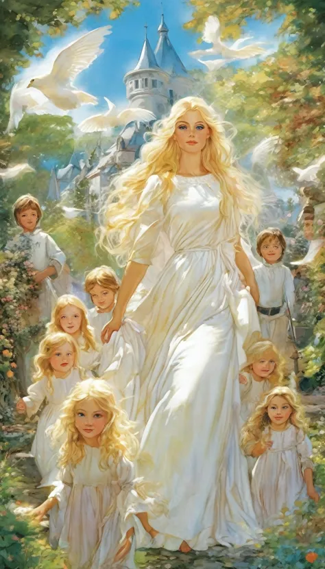 Une illustration d'Eléonore, vêtue d'une robe blanche, heureuse avec son mari, un grand homme brun, et ses deux enfants, ses che...