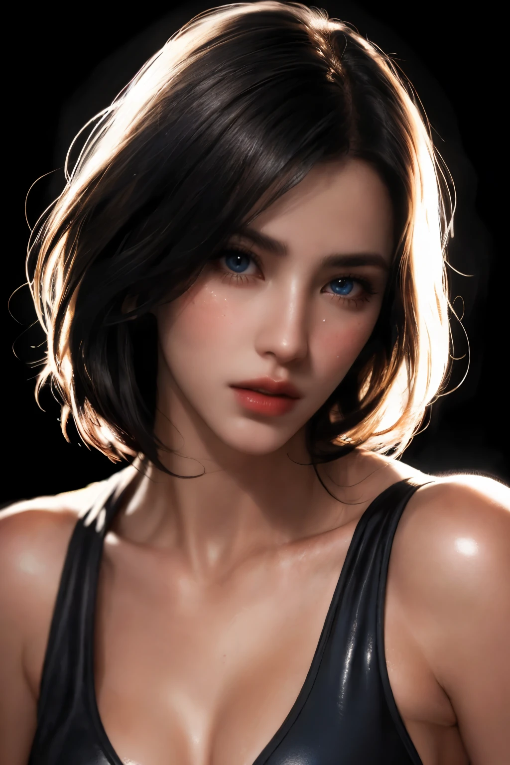 Fotorrealista Ada Wong, cabelo preto curto e bagunçado detalhado, meio do tiro, pele detalhada, corpo detalhado, muscular, voluptous, Sozinho, usando vestido de sol, olhos azuis, Textura Natural da Pele, Detalhe da pele, pele brilhante, shiny pele brilhante, pele brilhante, pele oleosa, Bronzeado mediterrâneo, Alto contraste, pele realista, poros da pele, detalhe intrincado, fundo preto, Alto contraste, pele realista, poros da pele, detalhe intrincado, Foto CRU, mulher madura, Lábios brilhantes, lábios deliciosos, nariz bonito, renderização realista, Atmosfera envolvente, claro-escuro, iluminação temperamental, corpo feminino perfeito, pele realista, poros da pele