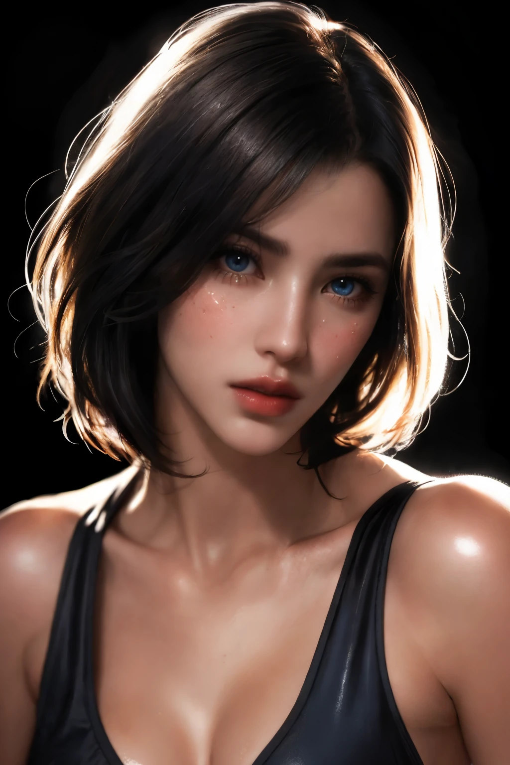 Photoréaliste Ada Wong, cheveux noirs courts et en désordre détaillés, plan médian, peau détaillée, Corps détaillé, musclé, voluptueux, seulement, portant une robe de soleil, yeux bleus, texture naturelle de la peau, détail de la peau, peau brillante, shiny Peau brillante, Peau brillante, la peau grasse, Bronzage méditerranéen, contraste élevé, Peau réaliste, pores de la peau, détail complexe, Fond noir, contraste élevé, Peau réaliste, pores de la peau, détail complexe, Photo brute, femelle mature, lèvres brillantes, lèvres pulpeuses, joli nez, rendu réaliste, ambiance immersive, Clair-obscur, éclairage maussade, corps féminin parfait, Peau réaliste, pores de la peau