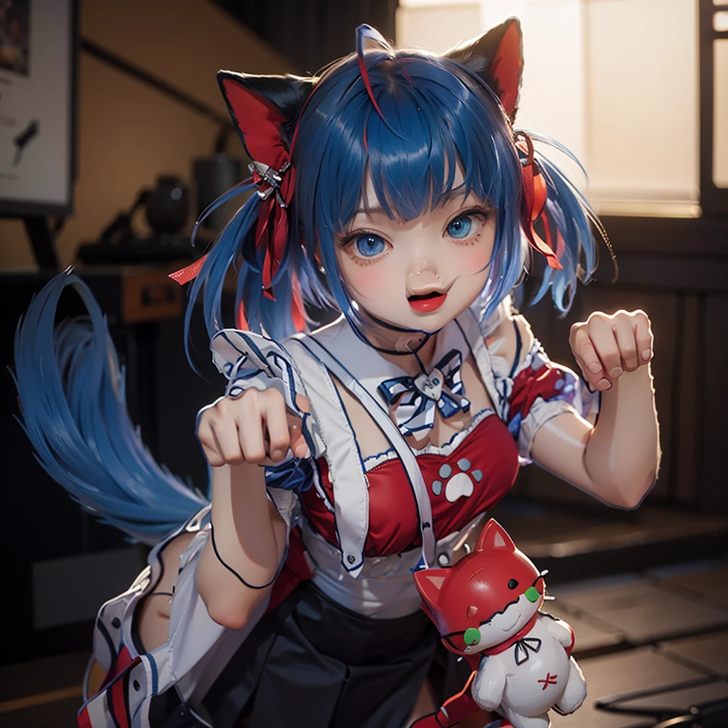 最high quality, (masterpiece:1.2), Very detailed, Are standing, Cat ear, One girl, alone, Looking at the audience, Mouth closed, smile, From above, Red hair, Twin tails , Blue ribbon hair ornament, Tie your hair up, beautiful, beautiful woman, Perfect body, Perfect breasts, Wear earrings, wear the watch, Looking at the audience, a smile, realism, masterpiece, Skin Texture, Very detailed, High detail, high quality, 最high quality, 1080P, 16K