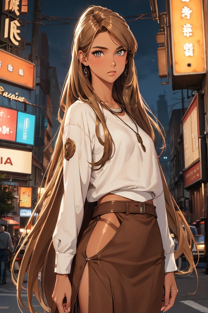 (best quality: 1.2), clean face, (masterpiece: 1.2, 8k)(PureErosFace_V1: 0.7), perfect anatomy, 1girl,a beautiful fashion model ,(masterpiece, official art, best quality) (hazel eyes) ,long and shiny hair, brown hair with blonde streaks in hair, long hair, full lips, upturned nose ((((tan skin, bronze skin, 1.3)))), big , lifstrangerachel looking at viewer, revealing outfit, absurdity, intricate details, city, dimanic pose, night, neon signs, cinematic lighting, (highly detailed skin: 1.2)
