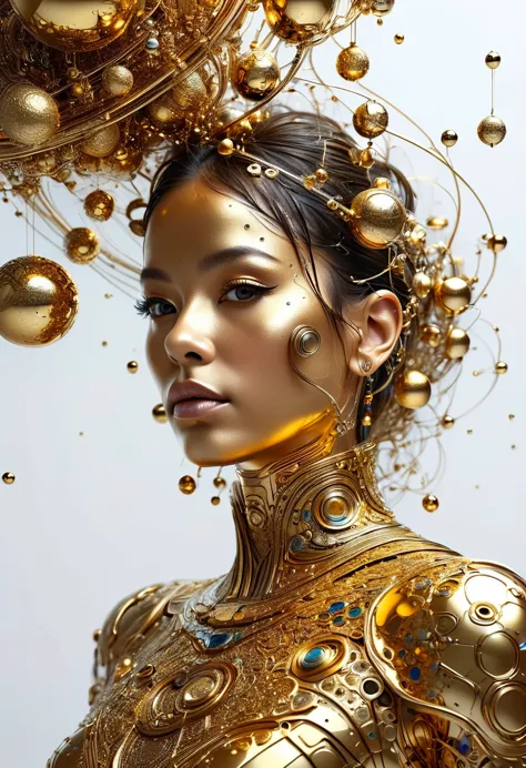 a highly detailed and intricate 3d portrait of a person, golden color, surrounded by many orbiting planets with complex planetar...