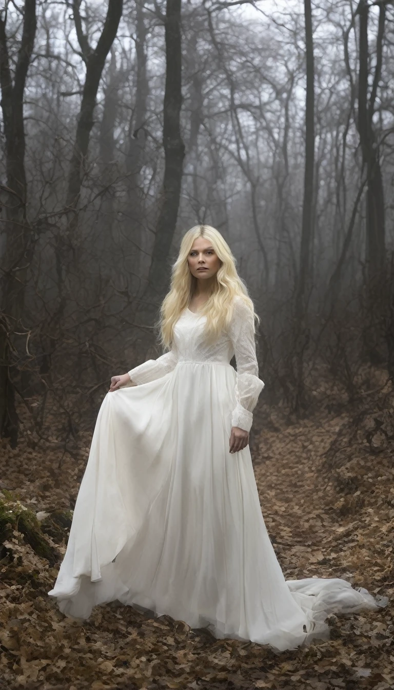 Une représentation d'Eléonore marchant seule dans les bois sombres, ses vêtements devenant de plus en plus blancs et usés, évoquant une transformation progressive en entité spectrale, ses cheveux blonds flottant au vent