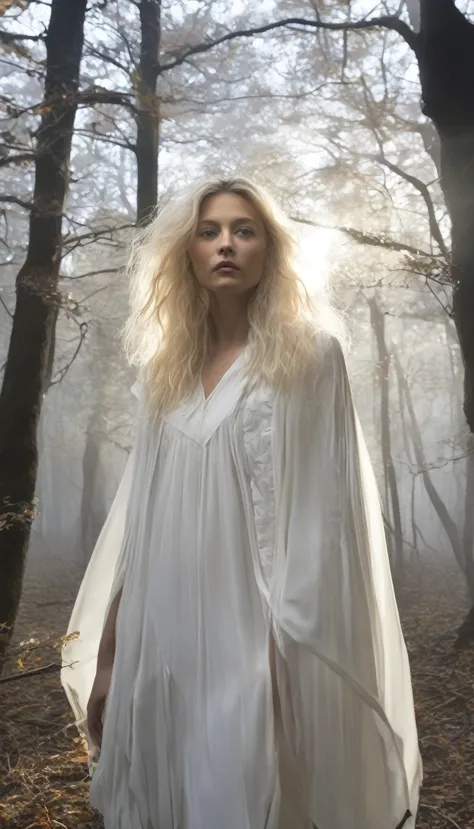 Une représentation d'Eléonore marchant seule dans les bois sombres, ses vêtements devenant de plus en plus blancs et usés, évoqu...