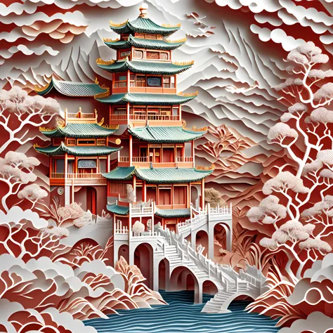 Paper Cutting，Chinese Architecture，garden，landscape，Sea of Clouds，16K, best quality, masterpiece, Ultra HD resolution, Reasonabl...