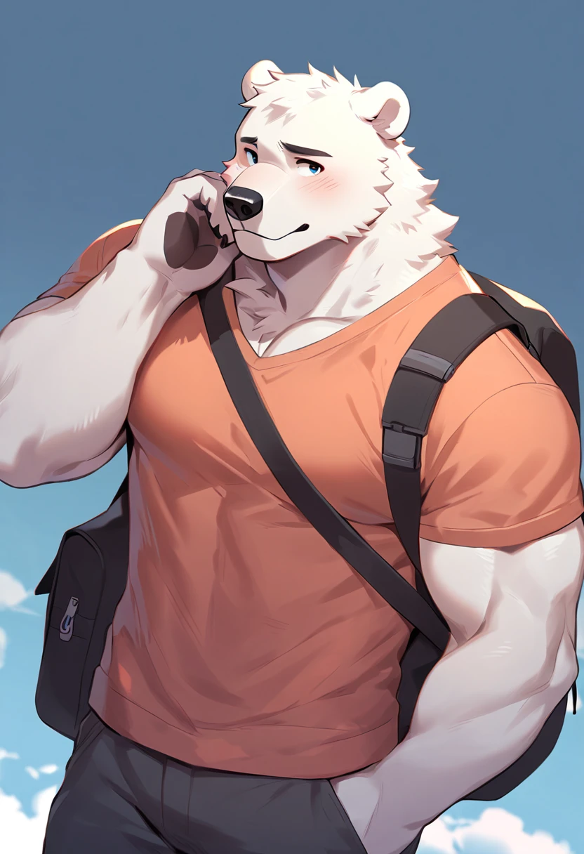 Polar bear, 1boy, male, solo, (muscle:0.3), big , pecs, shy face - SeaArt AI