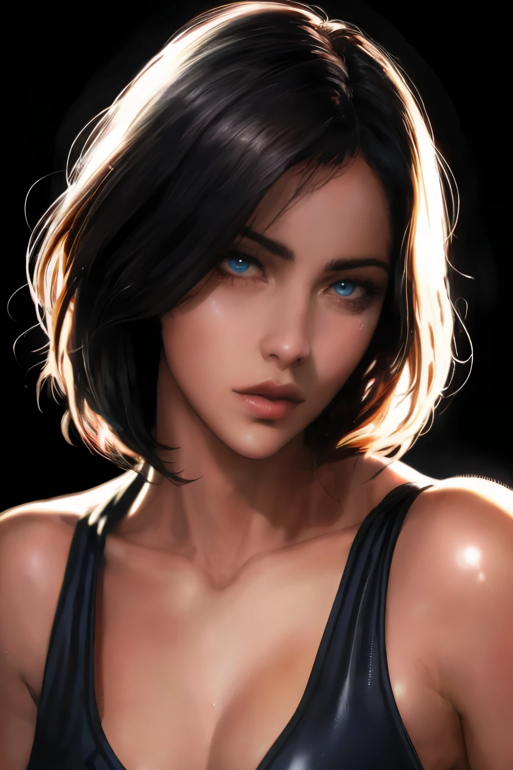 Fotorrealista Ada Wong, cabelo preto curto e bagunçado detalhado, meio do tiro, pele detalhada, Corpo detalhado, muscular, voluptous, Sozinho, usando vestido de sol, olhos azuis, textura natural da pele, Detalhe da pele, pele brilhante, shiny pele brilhante, pele brilhante, pele oleosa, Bronzeado mediterrâneo, Alto contraste, Pele realista, poros da pele, detalhe intrincado, fundo preto, Alto contraste, Pele realista, poros da pele, detalhe intrincado, Foto CRU, mulher madura, Lábios brilhantes, Lábios deliciosos, nariz bonito, renderização realista, Atmosfera envolvente, claro-escuro, iluminação temperamental, corpo feminino perfeito, Pele realista, poros da pele