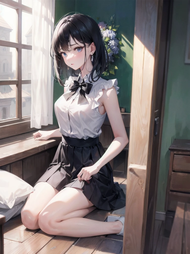 absurdres, RAW photo, extremely delicate and beautiful, masterpiece, Best Quality, ultra high resolution, 32k, hyperrealistic, ultra-detailed, in her 20s, delicate facial features, tearful mole, earring, medium breasts, full body shot, shorter middle hair, black hair, summer school_uniform shirt, sleeveless,