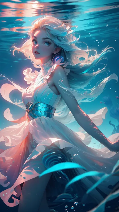 (((underwater))), beautiful young girl, long pgrey hair, blue dress, water, glowing jellyfish