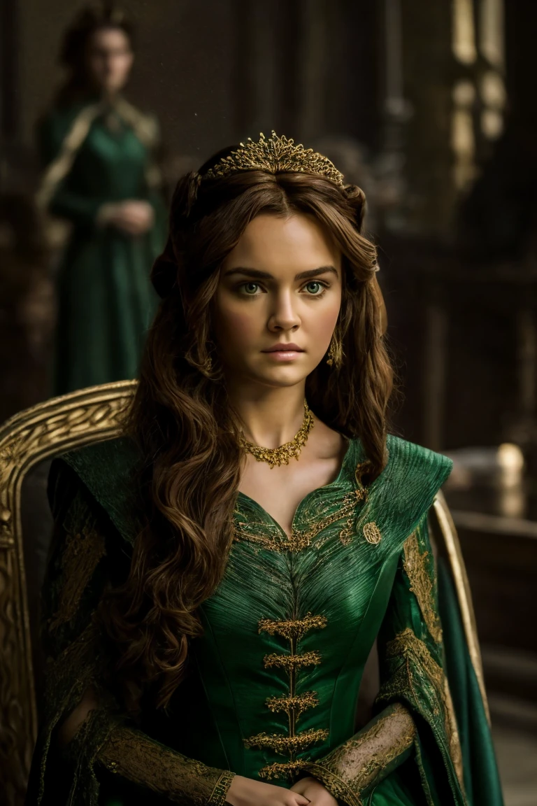 masterpiece, high quality, intricate details, cinematic photo queen Alicent, Alicent, brunette hair, wearing green dress, big hair, wavy hair, hand supporting head, iron throne room, realistic, best quality, highly detailed high saturation