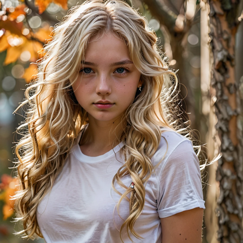 1girl in, age16, Solo, Long wavy hair, , long messy windy blonde hair, looking at camera, o-face, blonde hair, jewelry, Full body, (extremely detailed 8k wallpaper), soft lighting, high quality, film grain, Fujifilm XT3 sharp focus, f 5.6, 50mm, High Detail, Sharp focus,(natural light), (seductive), revealing, Realistic, sexy, tight white t-shirt