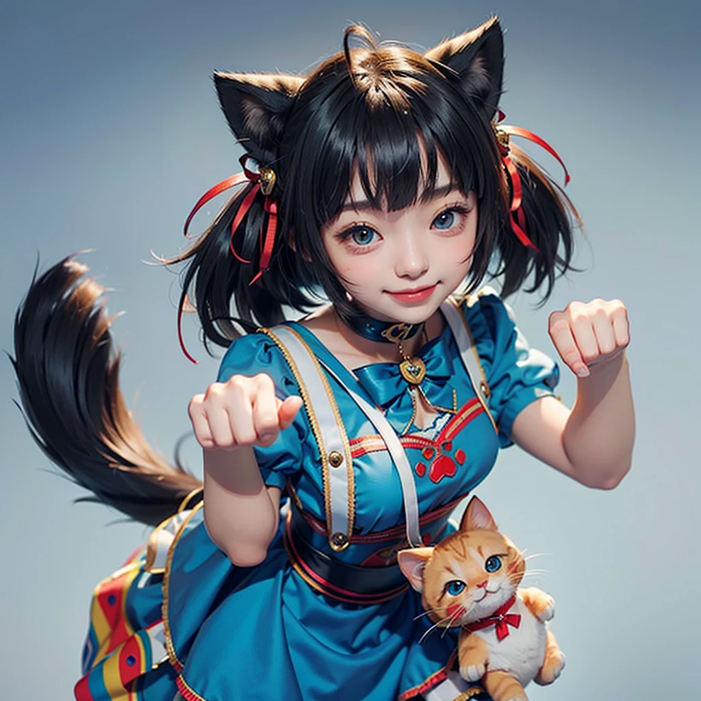 最high quality, (masterpiece:1.2), Very detailed, Are standing, Cat ear, One girl, alone, Looking at the audience, Mouth closed, smile, From above, Cat&#39;s Fangs，Red Hair, Twin tails , Blue ribbon hair ornament, Tie your hair up, beautiful, beautiful woman, Perfect body, Perfect breasts, Wear earrings, wear the watch, Looking at the audience, a smile, realism, masterpiece, Skin Texture, Very detailed, High detail, high quality, 最high quality, 1080P, 16K