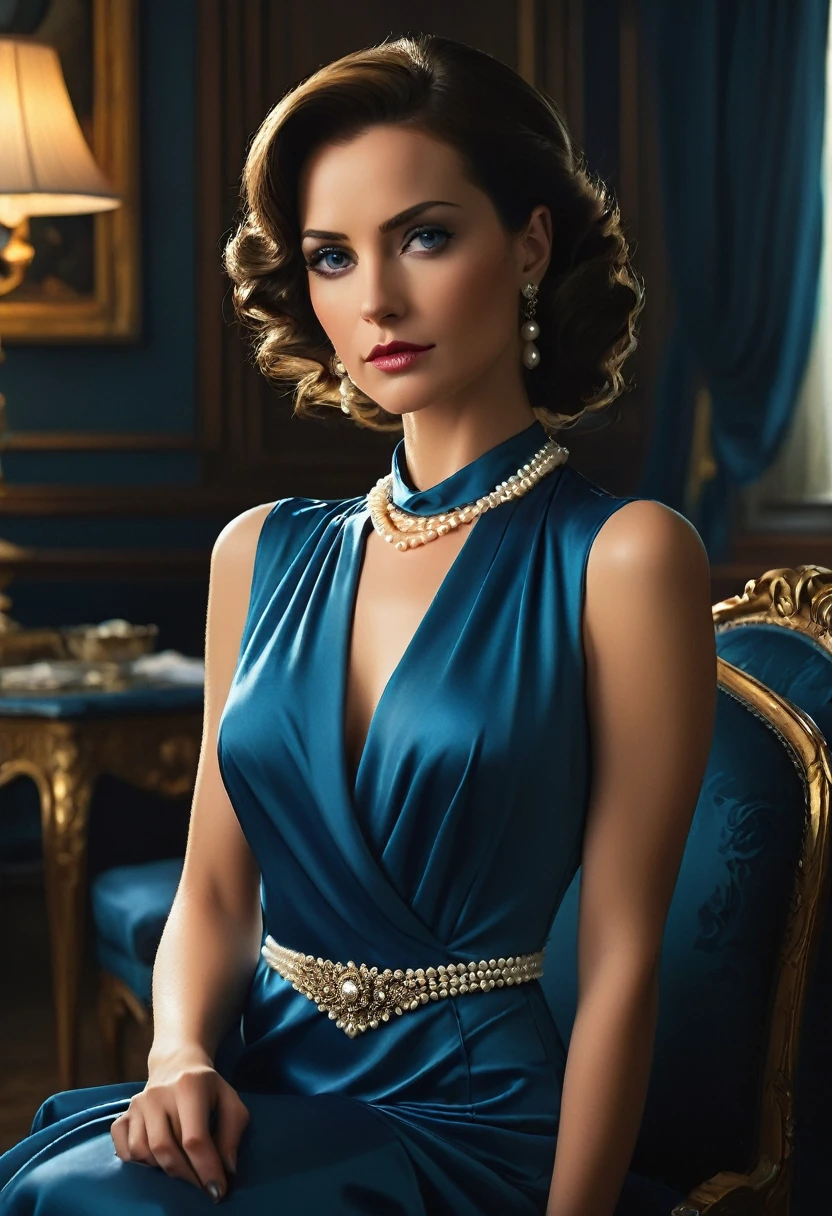 A stunning woman in her late 30s, her elegant beauty,beautiful face, vibrant eyes, dressed as A blue satin dress clings to her slender frame, the pearls around her neck ,A hint of defiance in her posture, despite the grief, suggests a hidden strength,The scene is a luxurious room, opulent yet shrouded in half-light. Shadows twist around lavish furniture, whispering unspoken truths.