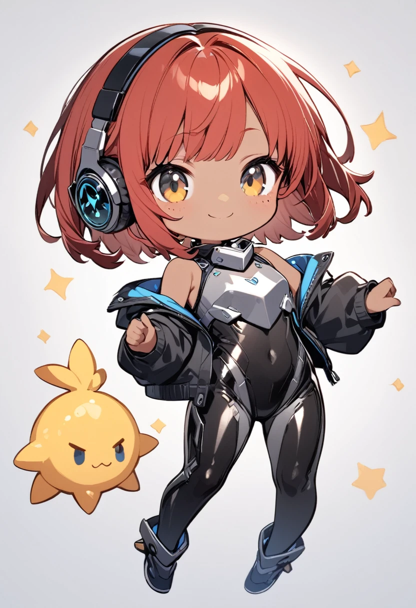 full body,1 girl,(cute:1.3),short, spiky, red Hair, left eye blue, right eye yellow, tan skin, freckles,｛White breastplate, Black futuristic headphones, Mechanical black glossy metallic Bodysuit, Bare shoulders, oversized jacket, Glossy, shiny material,chibi emote, chibi character, jumping pose
