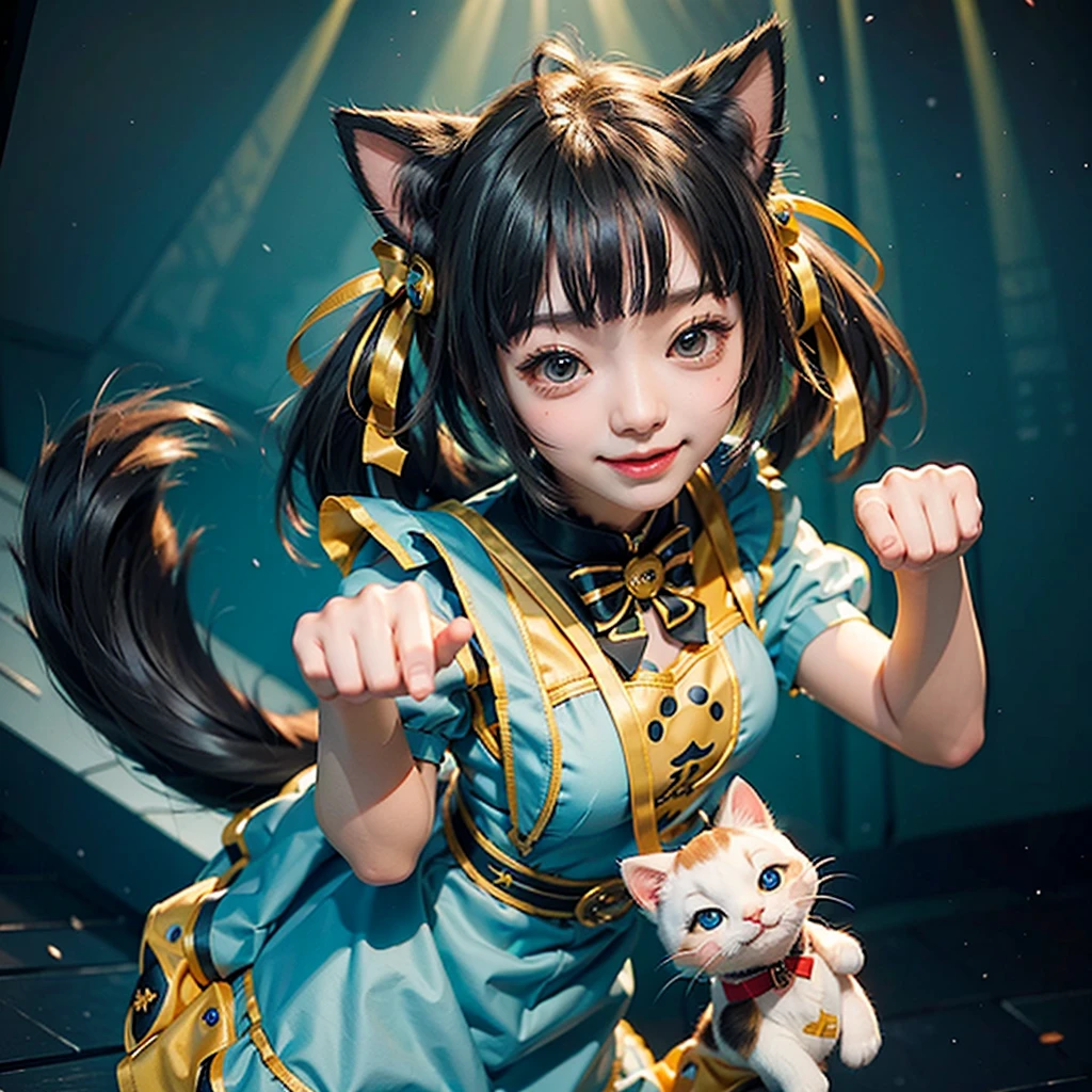 最high quality, (masterpiece:1.2), Very detailed, Are standing, Cat ear, One girl, alone, Looking at the audience, Mouth open, smile, From above, Cat&#39;s Fangs，Red Hair, Red clothes、White apron、Twin tails , Blue ribbon hair ornament, Tie your hair up, beautiful, beautiful woman, Perfect body, Perfect breasts, Wear earrings, wear the watch, Looking at the audience, a smile, realism, masterpiece, Skin Texture, Very detailed, High detail, high quality, 最high quality, 1080P, 16K