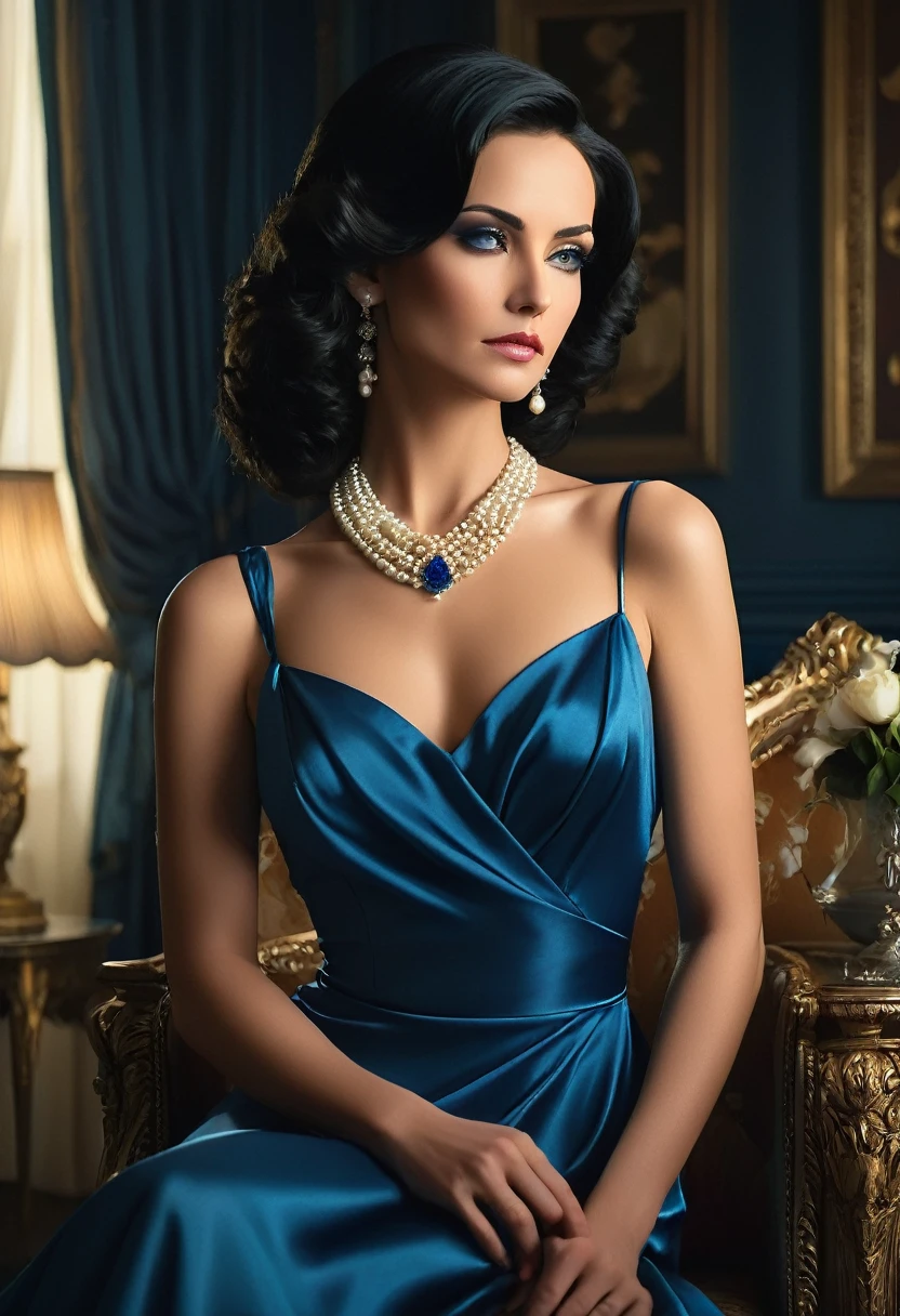 A stunning woman in her late 30s, black hair, her elegant beauty,beautiful face, vibrant eyes, dressed as A blue satin dress clings to her slender frame, the pearls around her neck , A hint of defiance in her posture, despite the grief, suggests a hidden strength,The scene is a luxurious room, opulent yet shrouded in half-light. Shadows twist around lavish furniture, whispering unspoken truths.