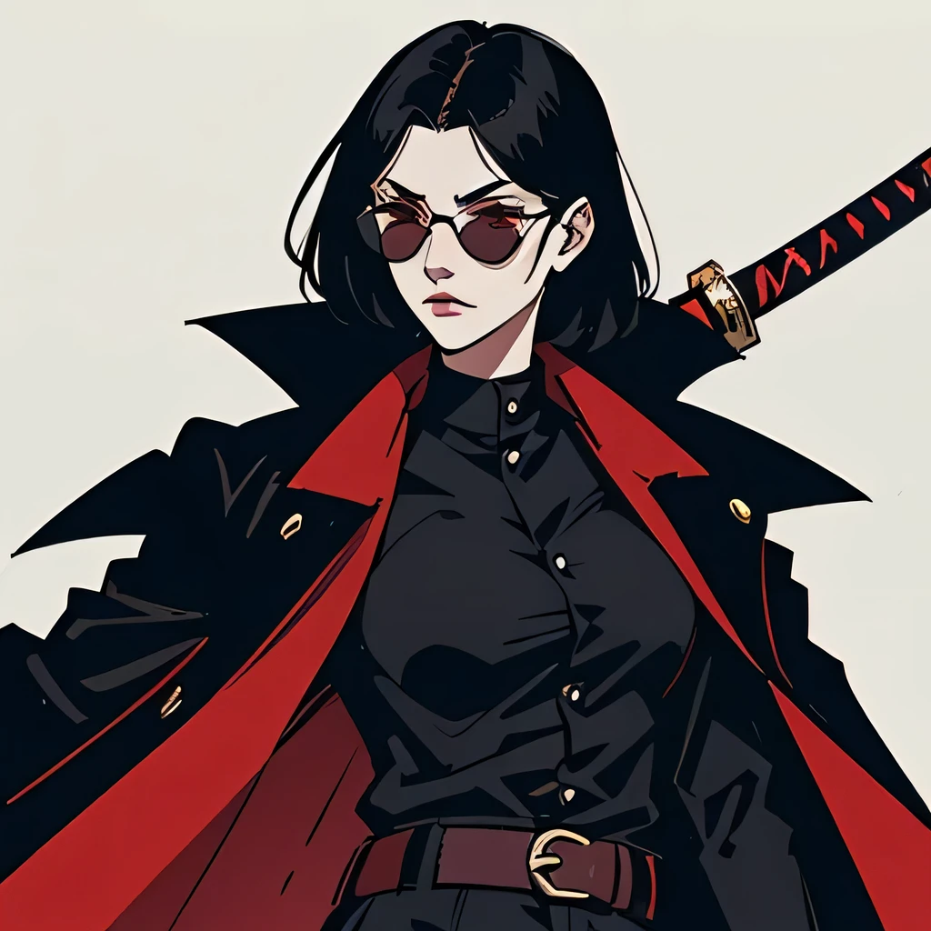 검은 머리 선글라스를 쓴 소녀는 검은 셔츠, 검은색 외투, 빨간색 반바지를 입고 등에 카타나를 눈에 띕니다.