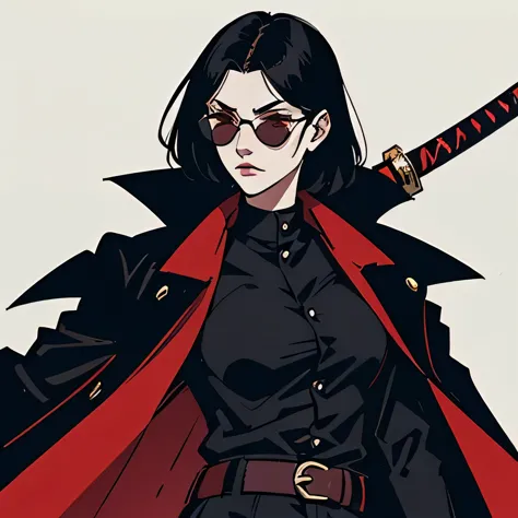Girl with black hair sunglasses red eyes a katana on her back with a black shirt black overcoat and red shorts