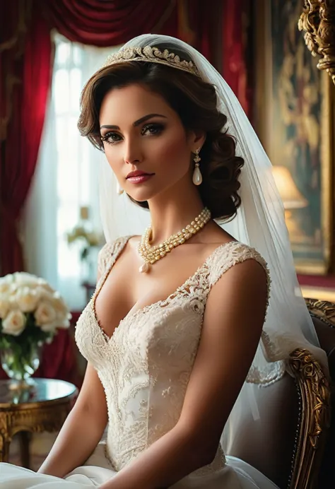 a stunning woman in her late 30s, her elegant beauty,beautiful face, vibrant eyes, dressed in white wedding dress clings to her ...