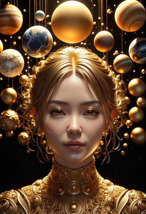 a highly detailed and intricate 3d portrait of a person, golden color, surrounded by many orbiting planets with complex planetar...