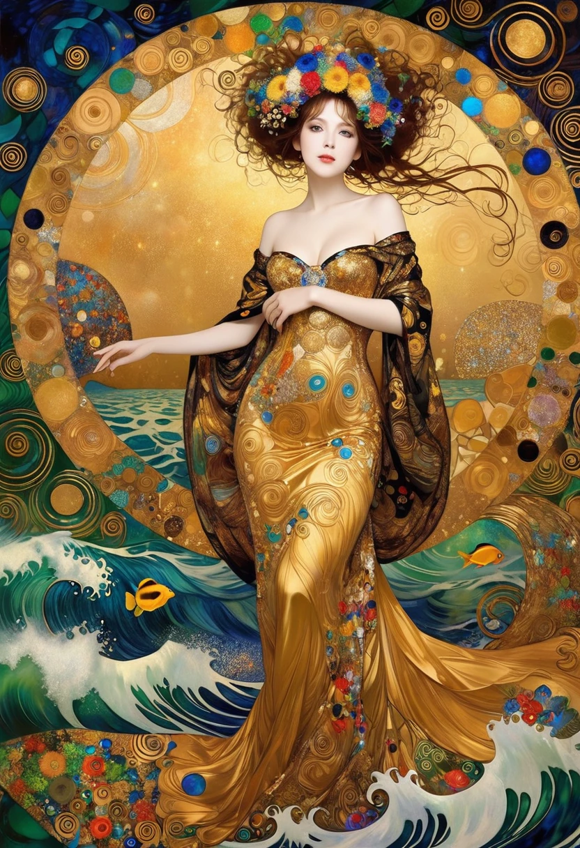 Album Cover Art. seaart ai imagination seaart extremely creative，And all your knowledge. Creation of Gustav Klimt《Beautiful woman masterpiece》