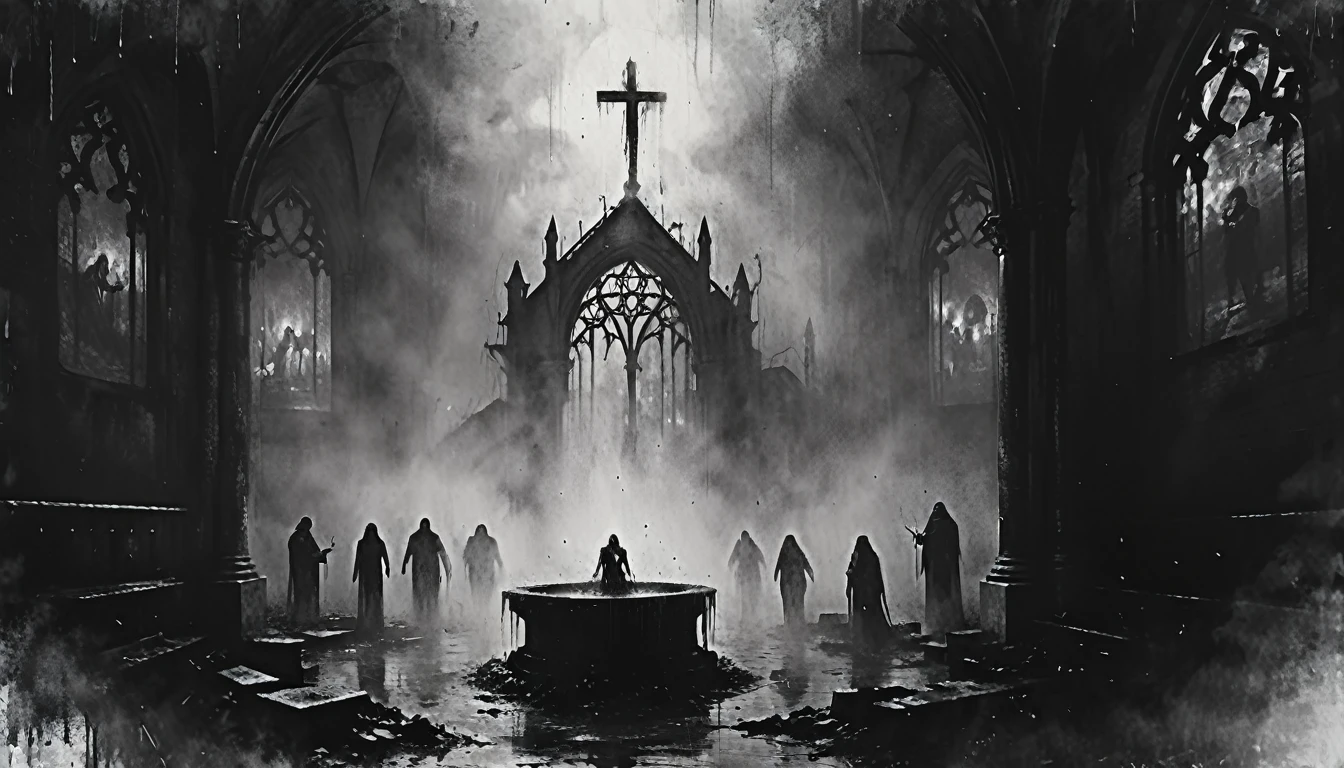 une peinture d&#39;une fontaine avec des cadavres, vampire les lignées de mascarade, art incroyable, fond sombre, nuage, vêtements d&#39;église en lambeaux, croquis sombre