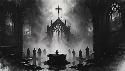 a painting of a fountain with corpses, vampire the masquerade bloodlines, incredible art, gloomy background, nimbus, church ragg...