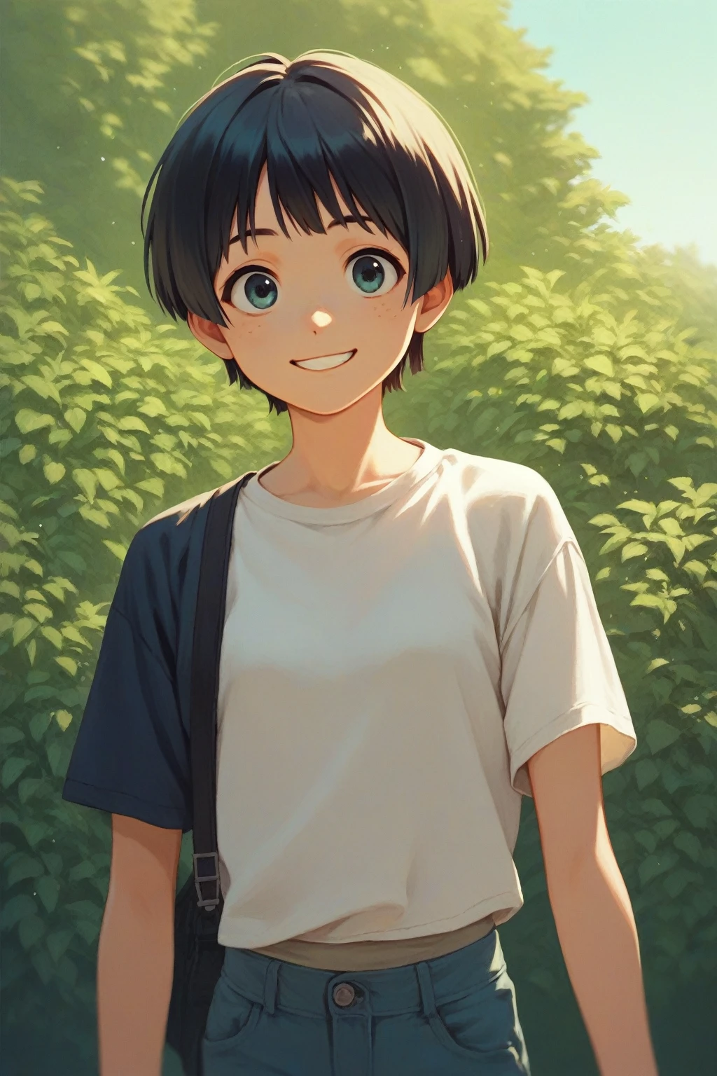 Saten Ruiko,Ｔshirt,pants,Upper Body,smile,outside,summer,