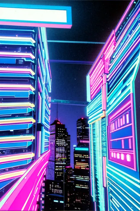 1990s (style), 1980s (style), vaporwave aesthetic, neon lights, blue cybercore city scape
