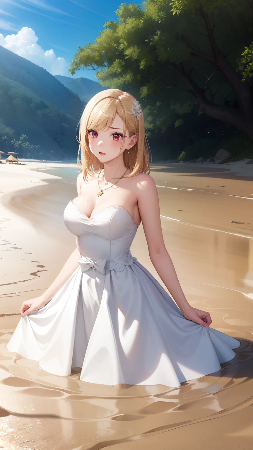 masterpiece, ultra-detailed, illustration, game cg, best quality, highres, kitagawa marin, 1girl, blonde hair, swept bangs, gradient hair, red eyes, glossy lips, (upset), large breasts, beach, (quicksand:1.4), (strapless wedding dress), partially submerged, (dress spread over the sand), standing, jewelry, necklace, sinking waist deep, (partially submerged)