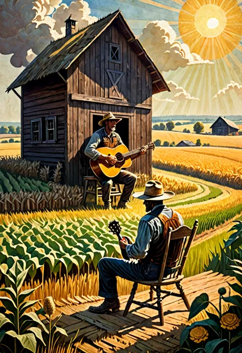 a farmer playing the guitar sitting on a wooden chair and behind his cabin and a barn on the horizon, in a field with crops, on ...