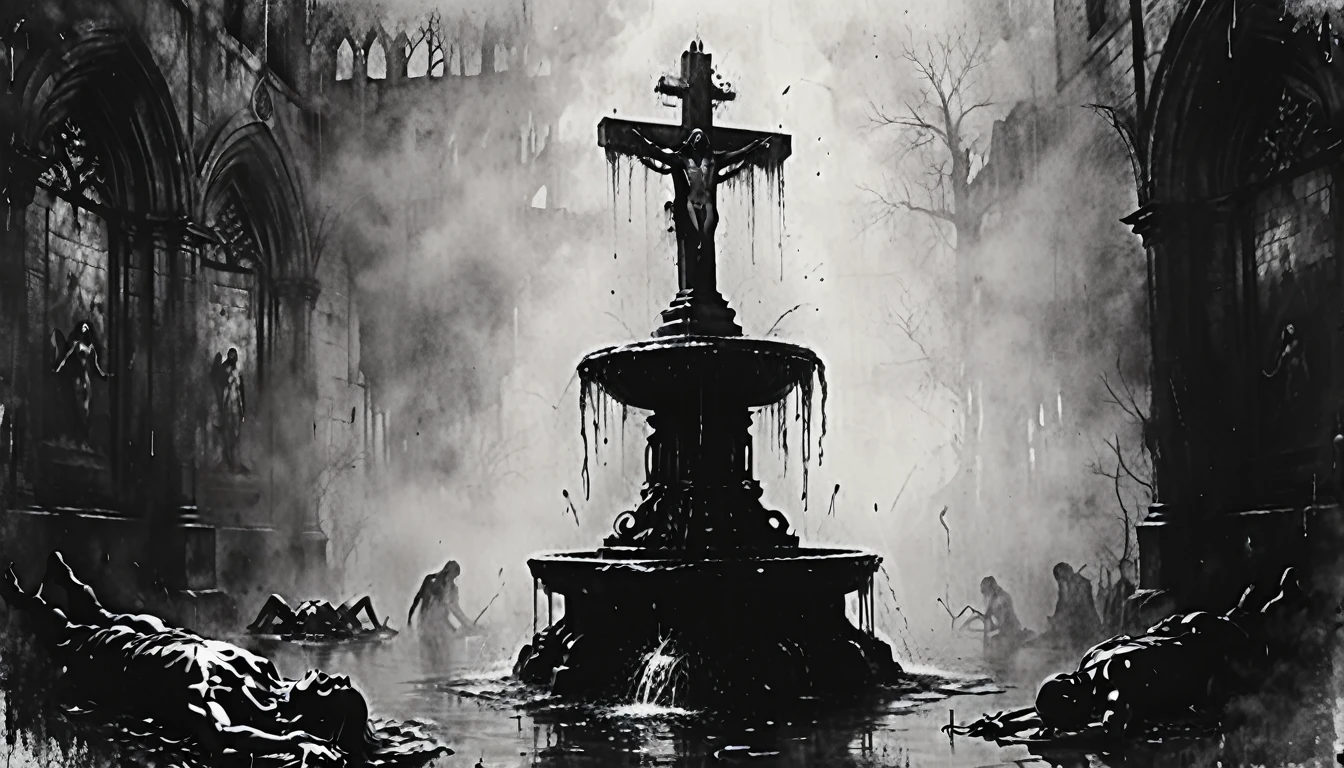 картина ((фонтан с трупами)), мертвые тела, Вампир Маскарад Родословные, невероятное искусство, мрачный фон, облако, церковные рваные облачения, темный набросок