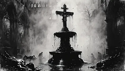 a painting of a ((fountain with corpses)), dead bodies, vampire the masquerade bloodlines, incredible art, gloomy background, ni...