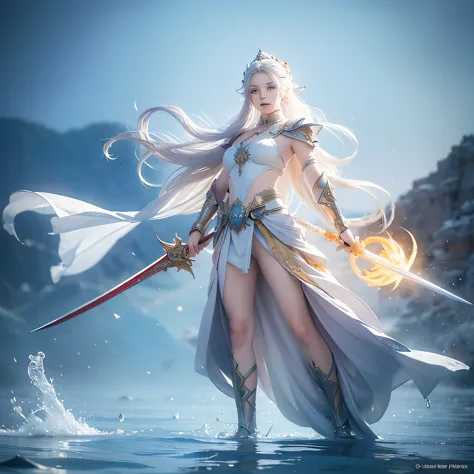 "create an illustration featuring a powerful fantasy warrior with flowing white hair, holding two swords—one yellow and one red....